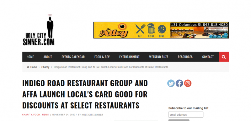 Indigo Road Restaurant Group and AFFA Launch Local's Card Good For Discounts at Select Restaurants
