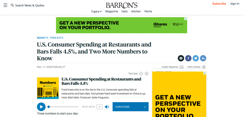 U.S. Consumer Spending at Restaurants and Bars Falls 4.5 percent and Two More Numbers to Know