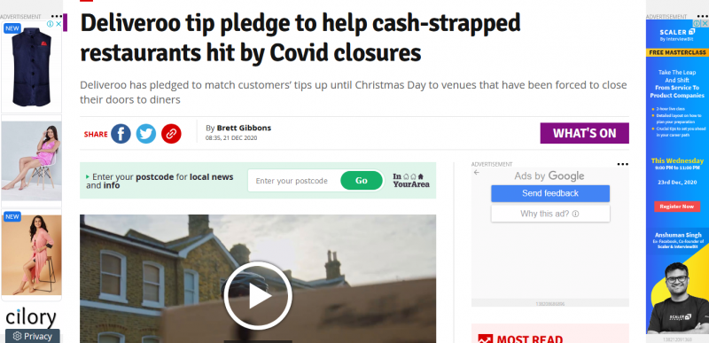 Deliveroo tip pledge to help cash strapped restaurants hit by Covid closures