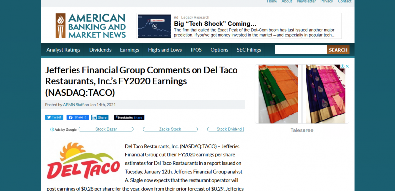 Jefferies Financial Group Comments on Del Taco Restaurants, Inc.â€™s FY2020 Earnings (NASDAQ:TACO)
