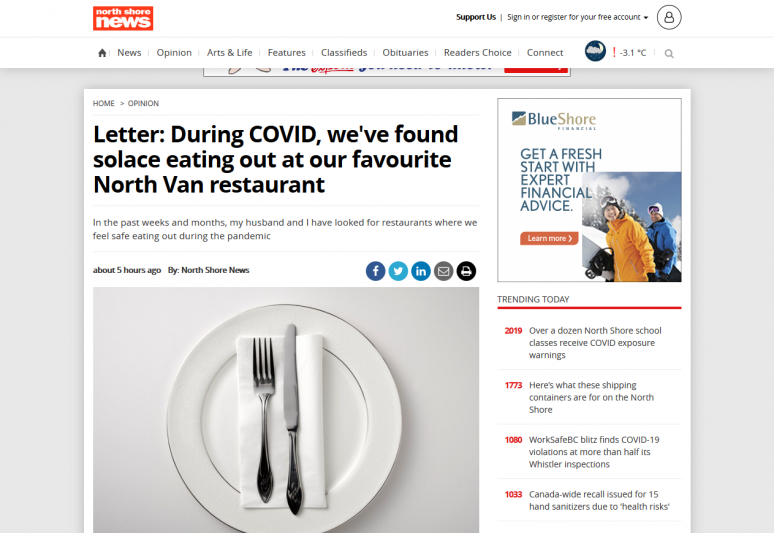 Letter: During COVID, we've found solace eating out at our favourite North Van restaurant
