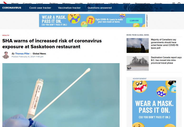 SHA warns of increased risk of coronavirus exposure at Saskatoon restaurant