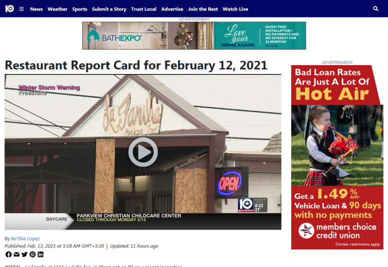 Restaurant Report Card for February 12, 2021