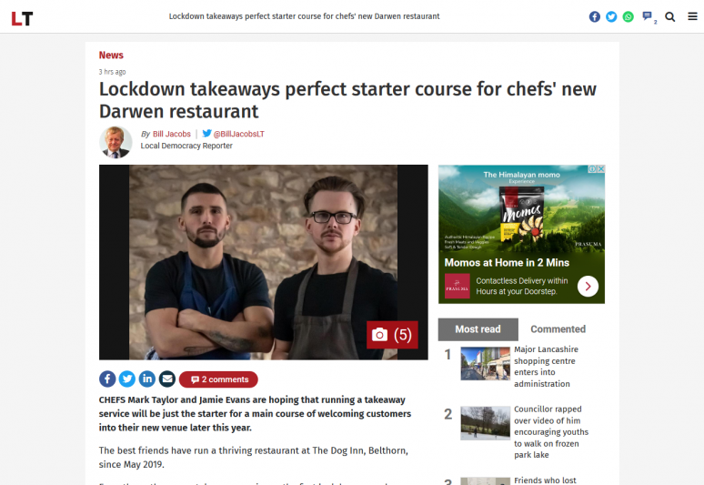 Lockdown takeaways perfect starter course for chefs' new Darwen restaurant