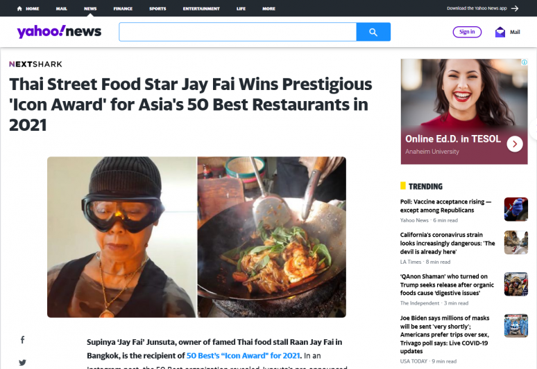 Thai Street Food Star Jay Fai Wins Prestigious 'Icon Award' for Asia's 50 Best Restaurants in 2021