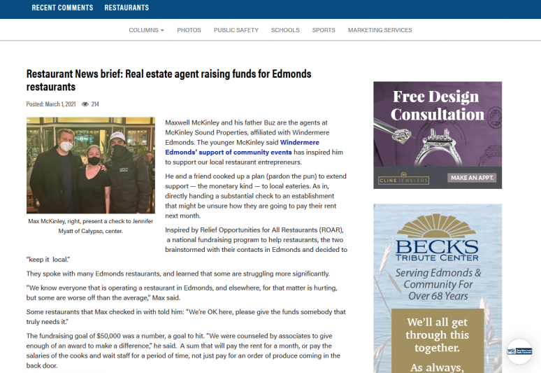 Restaurant News brief: Real estate agent raising funds for Edmonds restaurants