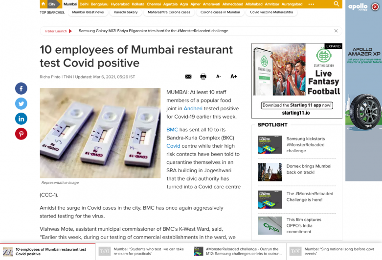 10 employees of Mumbai restaurant test Covid positive