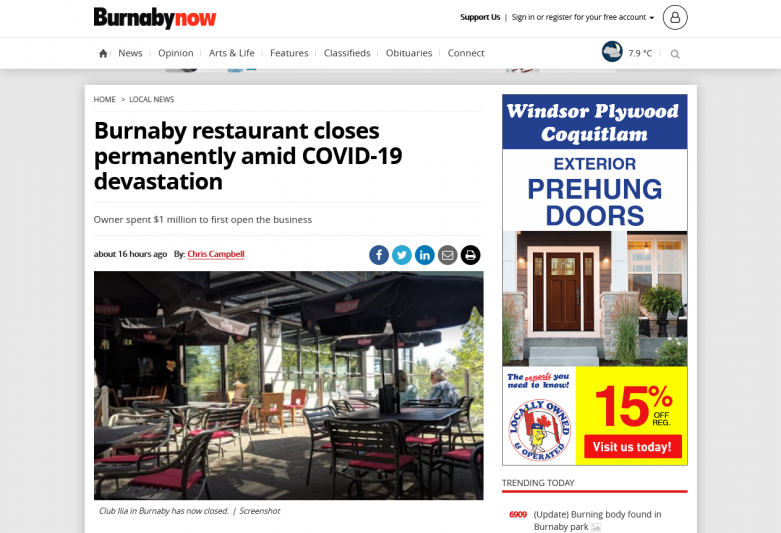 Burnaby restaurant closes permanently amid COVID-19 devastation