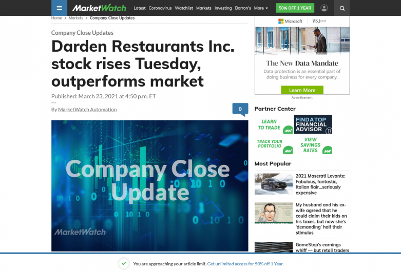 Darden Restaurants Inc. stock rises Tuesday, outperforms market