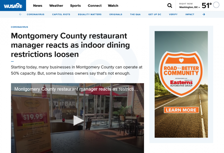 Montgomery County restaurant manager reacts as indoor dining restrictions loosen