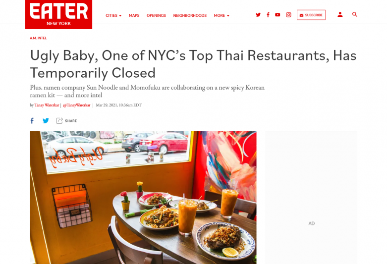 Ugly Baby, One of NYCâ€™s Top Thai Restaurants, Has Temporarily Closed
