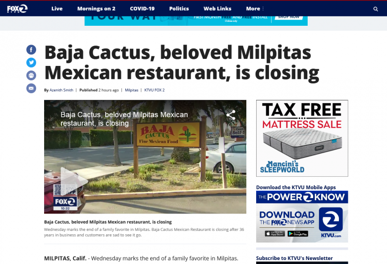 Baja Cactus, beloved Milpitas Mexican restaurant, is closing