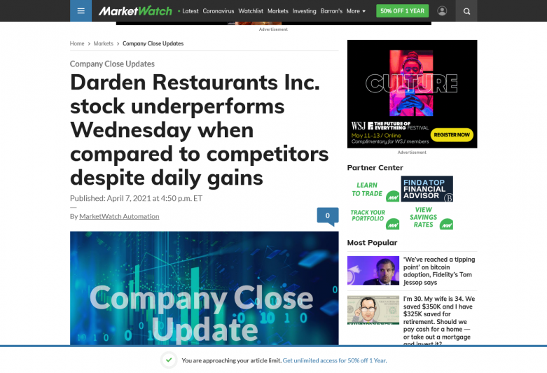 Darden Restaurants Inc. stock underperforms Wednesday when compared to competitors despite daily gains
