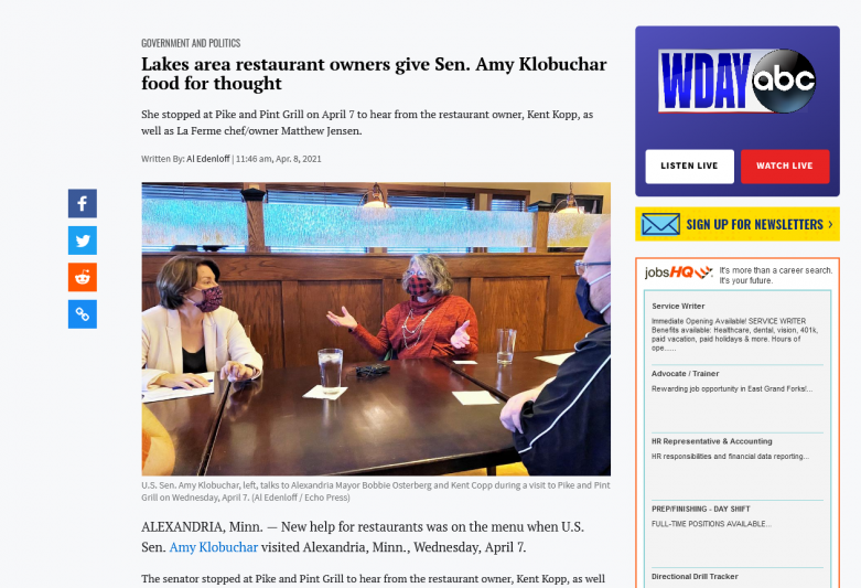 Lakes area restaurant owners give Sen. Amy Klobuchar food for thought