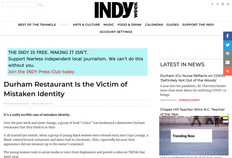 Durham Restaurant Is the Victim of Mistaken Identity