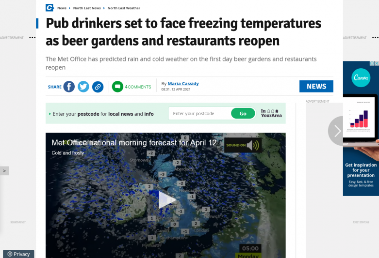 Drinkers to face freezing temperatures as beer gardens and restaurants reopen