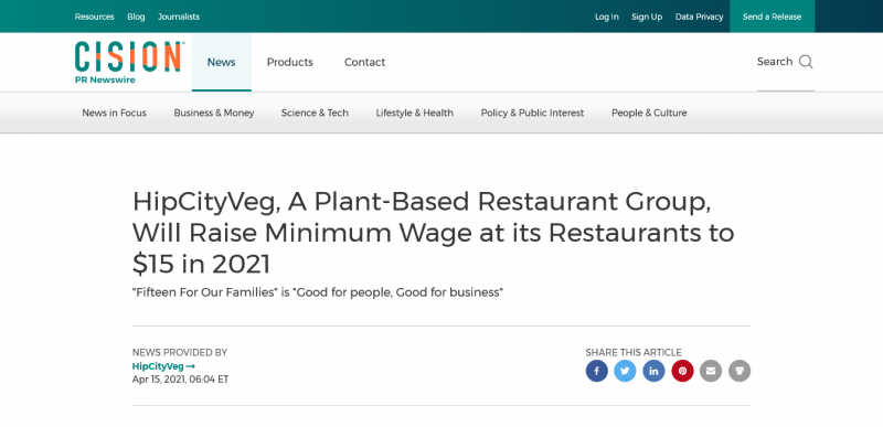 HipCityVeg, A Plant-Based Restaurant Group, Will Raise Minimum Wage at its Restaurants to $15 in 2021