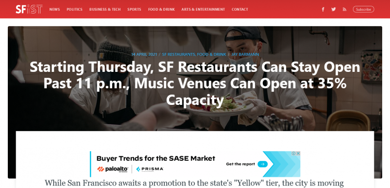 Starting Thursday, SF Restaurants Can Stay Open Past 11 p.m., Music Venues Can Open at 35% Capacity