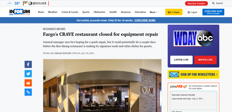 Fargo's CRAVE restaurant closed for equipment repair
